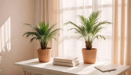 White book mockup with workspace accessories and a palm plant.