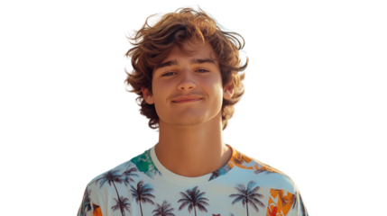 Creative professional in vacation mode, summer shirt, eyeglasses and confident expression, clean studio portrait on white, PNG cutout