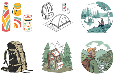Camping Bundle. Orange SUV Camping Gear Collection Illustrations