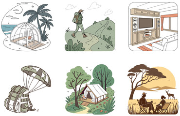 Camping Bundle. Red and White Circus Tent Collection Illustrations