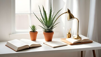 White book mockup with a aloe vera in a pot, lamp and workspace accessories on a white table.