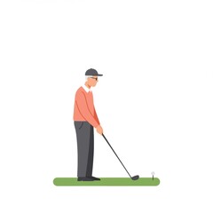 Old man playing golf on the green near the hole with a flag. Sports competition concept illustration for golfing event, retirement activity, or active seniors lifestyle.