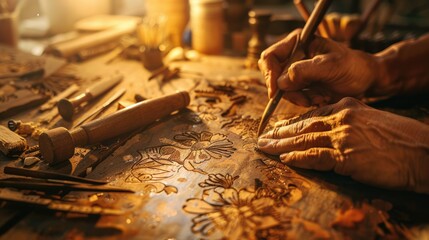 Obraz premium The skillful artist carve wooden board with various of seamless pattern lines style by artistic tools. Professional artisan focusing to craft elegant and beautiful relief art on wood texture . AIG61.