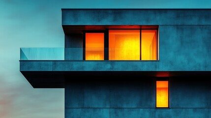 Modern apartment building facade at twilight.  Warm light from windows illuminates the structure
