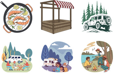 Camping Bundle. Ultralight Backpacking Gear Collection Illustrations