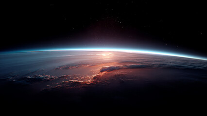 The Earth's horizon in space shines in the darkness