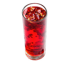 A tall glass filled with a red liquid and small pieces of fruit on a black background
