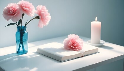 White book mockup with a pink carnation and a candle on a white table.