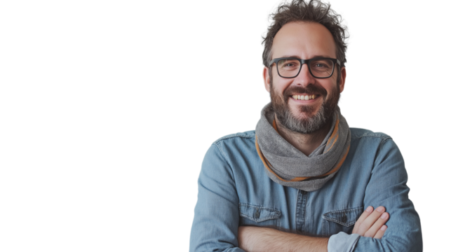 dad with beard and rolled up sleeves, wearing summer scarf, clean smile, standing in front of a white wall, high-res 