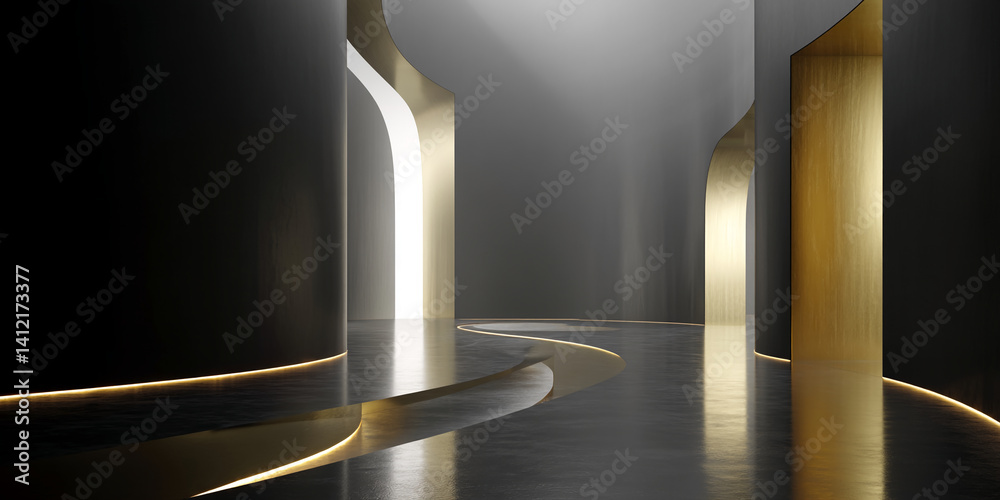 Poster Abstract dark gray and gold showcase with curved walls and illuminated floor, creating a sleek and modern display scene, ideal for product presentations or luxury branding