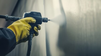 Industrial painter spraying protective coating on steel structures. Featuring durability and coverage