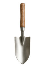 Realistic garden hand trowel with wooden handle isolated on transparent background for gardening, landscaping, and planting tools design