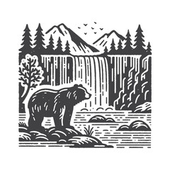 Simple Bear Standing Near Waterfall Vector Design &ndash; Vintage Logo & Retro Illustration