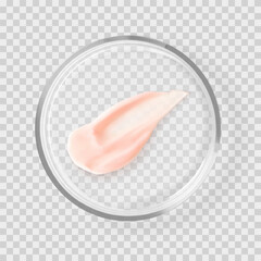 Pink lip balm stroke swatch realistic cosmetic smear in petri dish isolated vector illustration. Concept cosmetic skincare laboratory tests and research. Skin care beauty product texture
