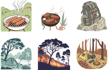 Camping Bundle. Young Traveler Hiking Adventure Collection Illustrations