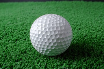 Obraz premium Golf ball on green artificial turf. The dimpled surface of the ball is visible, and the background is dark, providing a strong contrast.