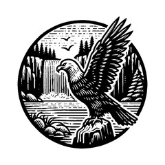 Obraz premium Simple Golden Eagle Perched on Stone River Vector Design – Vintage Logo & Retro Illustration