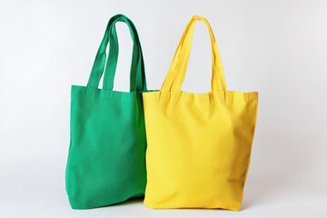 Two vibrant tote bags, one green and one yellow, stand against a plain background, ready for shopping or carrying essentials.