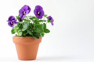 Vibrant purple pansies flourishing in a terracotta pot against a clean white backdrop isolated on transparent background