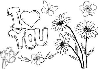 coloring page with "I love you" text  easy to print and color  perfect for children and adults  black outline on white background © MonkaLemonka