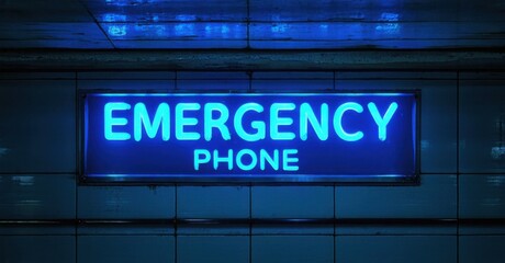 Neon emergency phone sign glowing blue in dark subway tunnel deep navy and bright silver symbolizing safety access points