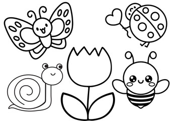 coloring page with cute animals and tulip flower: ladybug holding a heart, smiled bee, smiling butterfly & snail; super-easy level colouring page with funny animals