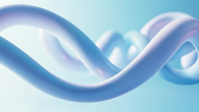 Abstract 3D shapes of intertwining waves in glossy pearl and blue effect on a gradient pastel background. Shiny waves of smooth silver texture