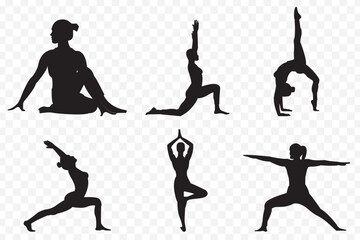 silhouettes of yoga poses. yoga people silhouette collection different meditating pose. various style gymnast silhouette set of vector icon on Transparent Background. EPS 10.