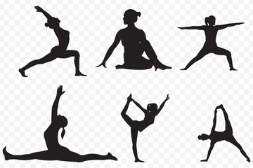 silhouettes of yoga poses. yoga people silhouette collection different meditating pose. various style gymnast silhouette set of vector icon on Transparent Background. EPS 10.