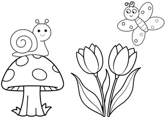 coloring page with outline of cute smiling snail sitting on mushroom and butterfly flying above a tulip flowers; concept of coloring and nature explaining