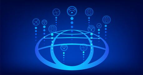 glowing blue digital illustration of global network concept, featuring stylized globe with interconnected icons representing wireless communication, data sharing digital technology background