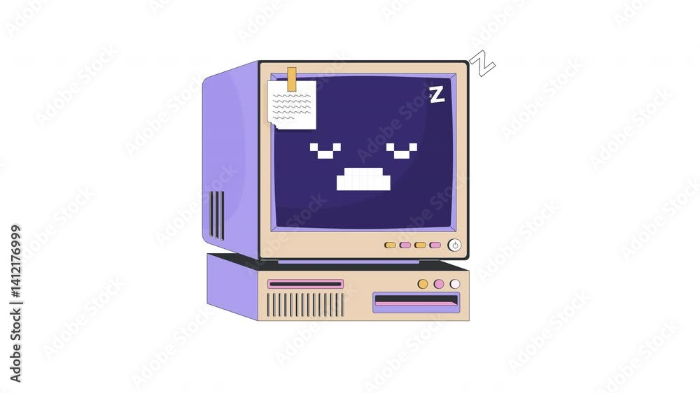 Poster retro computer with sleepy zzz pixel face and sticky note 2d cartoon object animation. 90s dozing of