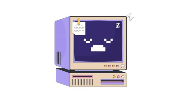 Retro computer with sleepy zzz pixel face and sticky note 2D cartoon object animation. 90s dozing off. Vintage oldschool desktop in sleeping mode animated flat colorful item 4K video isolated on white