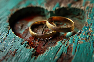 Two gold wedding rings rest inside a heart-shaped cutout on teal and brown weathered wood, symbolizing love, commitment, and enduring relationships, perfect for Valentine's Day