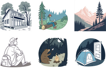 Camping Bundle. Blurred Circus Tent Christmas Collection Illustrations