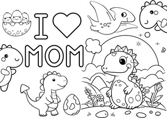 Obraz premium cute I love you mom colouring page with dinosaurs; perfect as a printable material for mother's day; white background; medium level