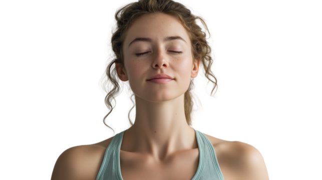 Yoga teacher in breathable summer activewear, peaceful face expression, cropped to stomach, cinematic portrait on white