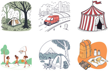 Camping Bundle. Kettle Boiling Fire Outback Collection Illustrations