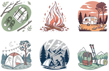 Camping Bundle. Large Orange Backpack Adventure Collection Illustrations