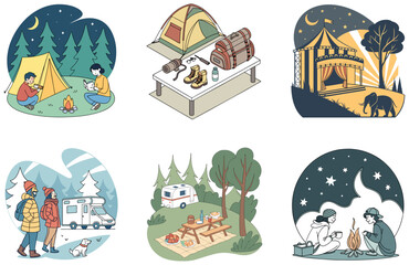 Camping Bundle. Military Tactical Backpack Collection Illustrations
