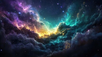 Fototapeta premium Vibrant hues of purple, blue, and orange blend together in a cloud-filled cosmos, with countless stars twinkling in the dark expanse, showcasing the beauty of the universe