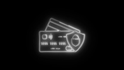 Glowing neon credit card Shield icon isolated on black background. HD Video motion graphic animation