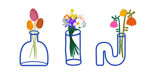 Flowers in abstract blue vases. Floral shape doodle art design for print, wallpaper, clipart, wall art for home decoration. Wildflowers, tulips, daisies