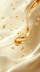 Golden liquid flowing over silky fabric creating an abstract background with bubbles and reflections, representing elegance and luxury concept