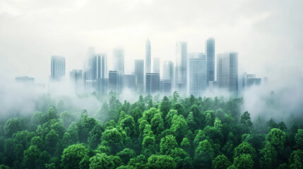 futuristic cityscape emerges through misty clouds above lush green forest, symbolizing harmony between urban development and nature. scene evokes sense of tranquility and innovation