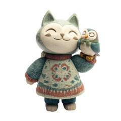 Knitted Cat Holding Penguin Friend in Cozy Sweater