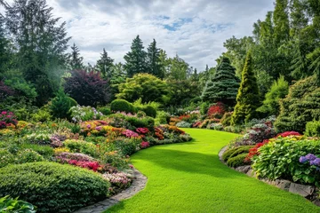 Selbstklebende Fototapeten Vibrant garden landscape with winding paths and colorful flowers in serene natural setting © YouraPechkin