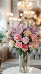 Obraz premium Luxurious Floral Arrangement with Roses, Lilies, and Greenery in Glass Vase, Bright Natural Light Illuminating Cozy Living Room, Elegant Modern Decor