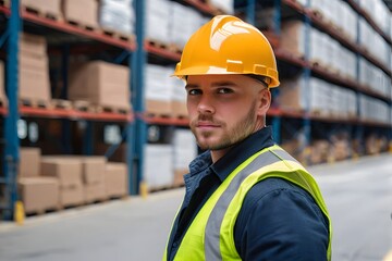 Fototapeta premium Portrait of a professional warehouse worker against a blurred industrial warehouse background with copy space