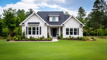 charming white house with black roof sits amidst lush greenery, featuring well manicured lawn and surrounded by trees under partly cloudy sky